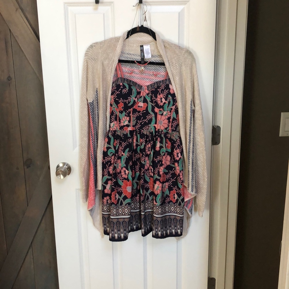 Dress, sweater, necklace and earrings